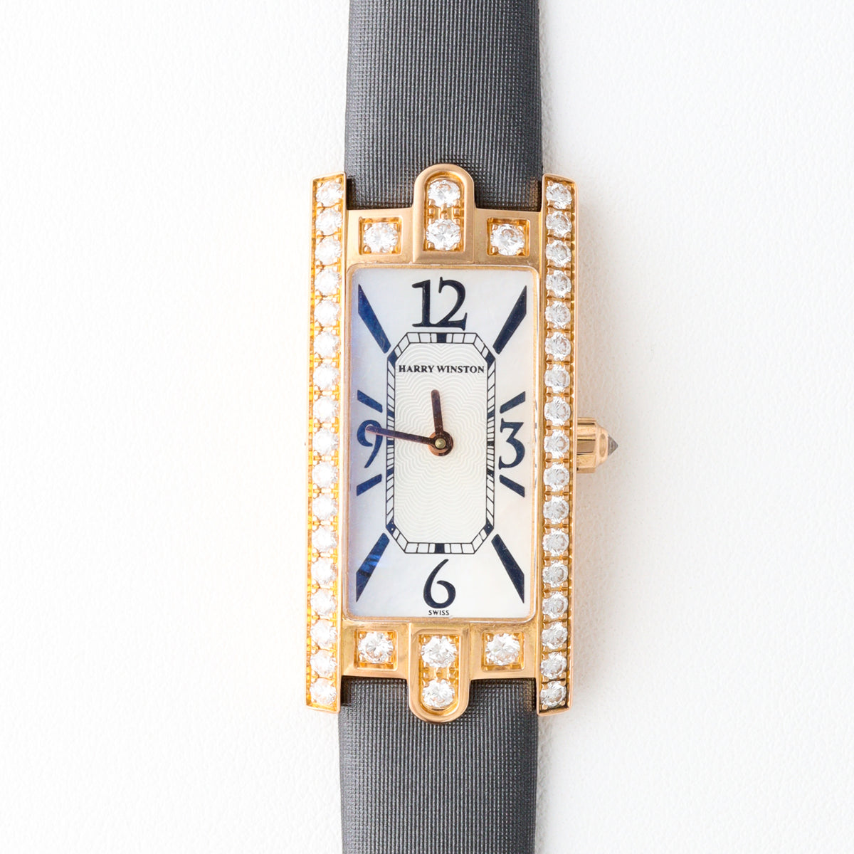 Harry Winston Avenue 18K Rose Gold Factory Diamond Watch with Leather Strap and D-Buckle