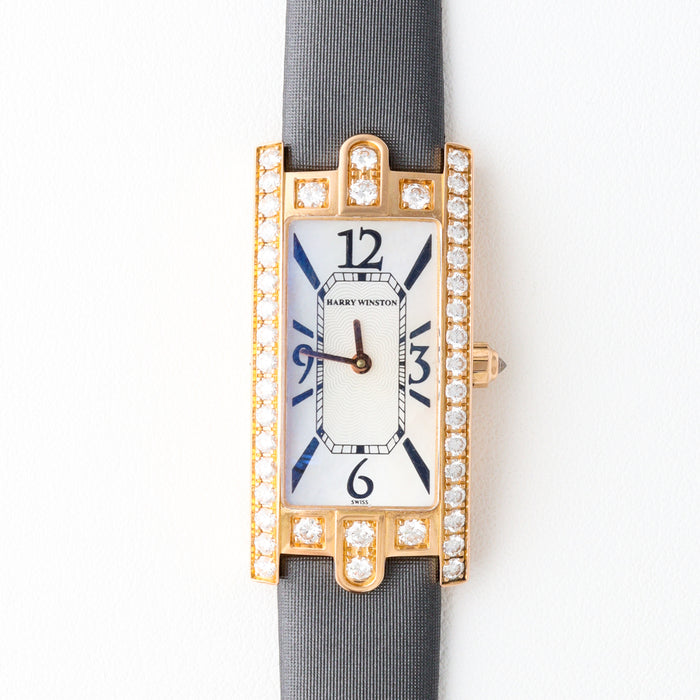 Harry Winston Avenue 18K Rose Gold Factory Diamond Watch with Leather Strap and D-Buckle